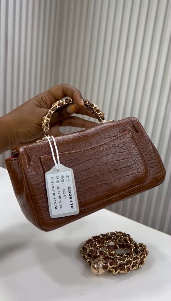 Sac Chanel marron effet croco avec chaîne dorée, vue arrière